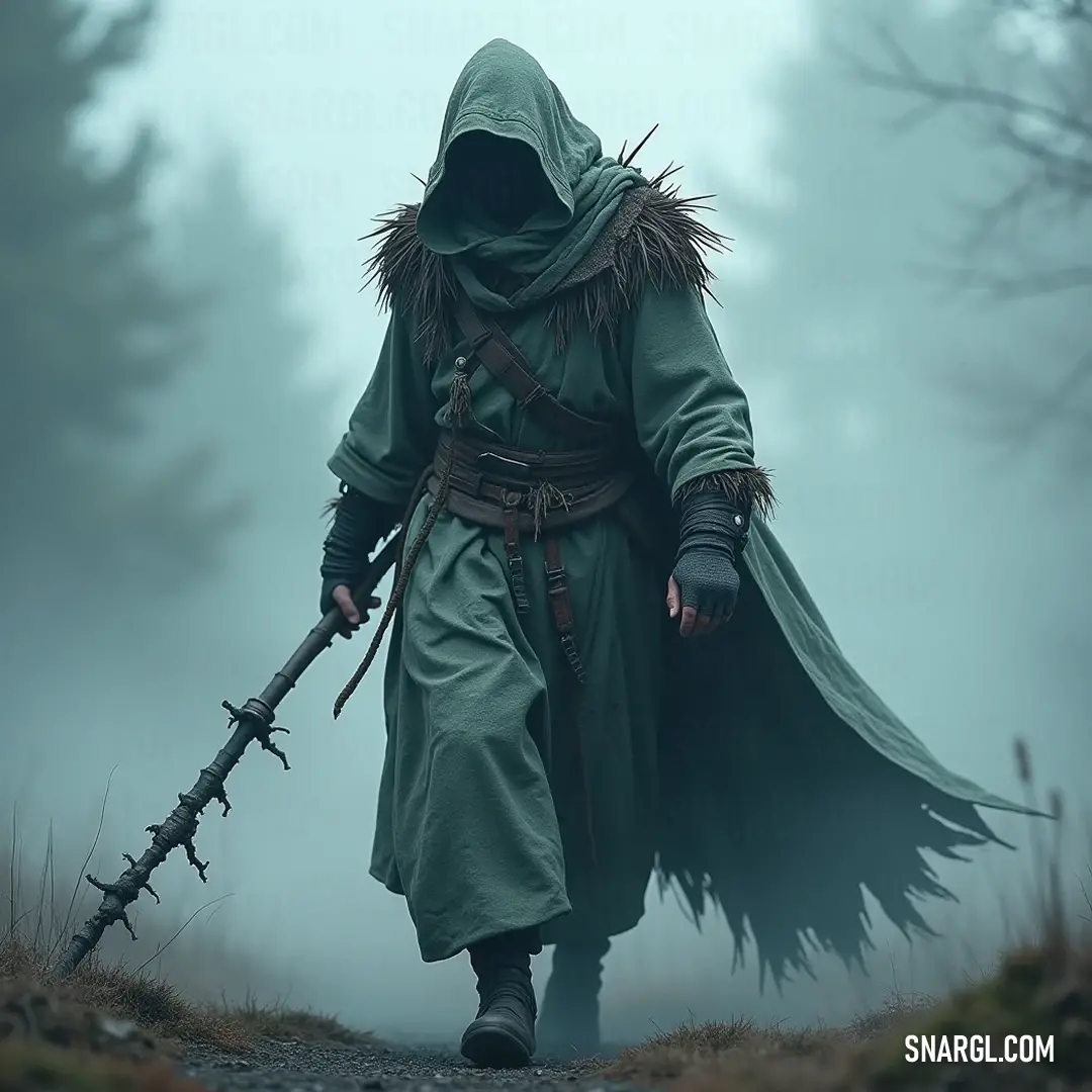 A lone wanderer in a green coat holding a rifle amidst a foggy forest. Clad in a rugged green outfit and hooded coat, a solitary wanderer stands resolute, gripping a rifle while enveloped by a mysterious, fog-laden forest that whispers tales of adventure and the unknown.