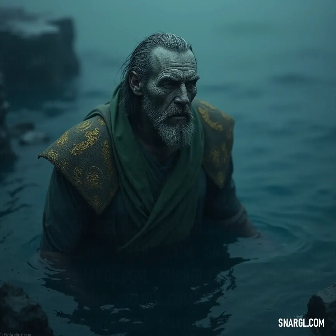 A robed wanderer exploring shimmering waters, holding mystical artifacts. A wanderer dressed in a flowing green robe wades through glistening waters, holding mystical artifacts, surrounded by nature's splendor, as sunlight dances on the surface, revealing secrets beneath.