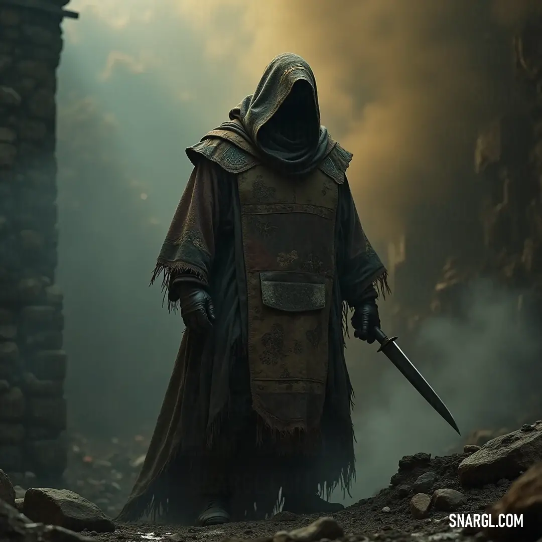 A dark-cloaked figure with a sword in a shadowy cave filled with swirling smoke. A mysterious figure cloaked in darkness clutches a shimmering sword in a shadowy cave, smoke swirling around him, embodying the intrigue of hidden realms and the battle against unseen shadows.