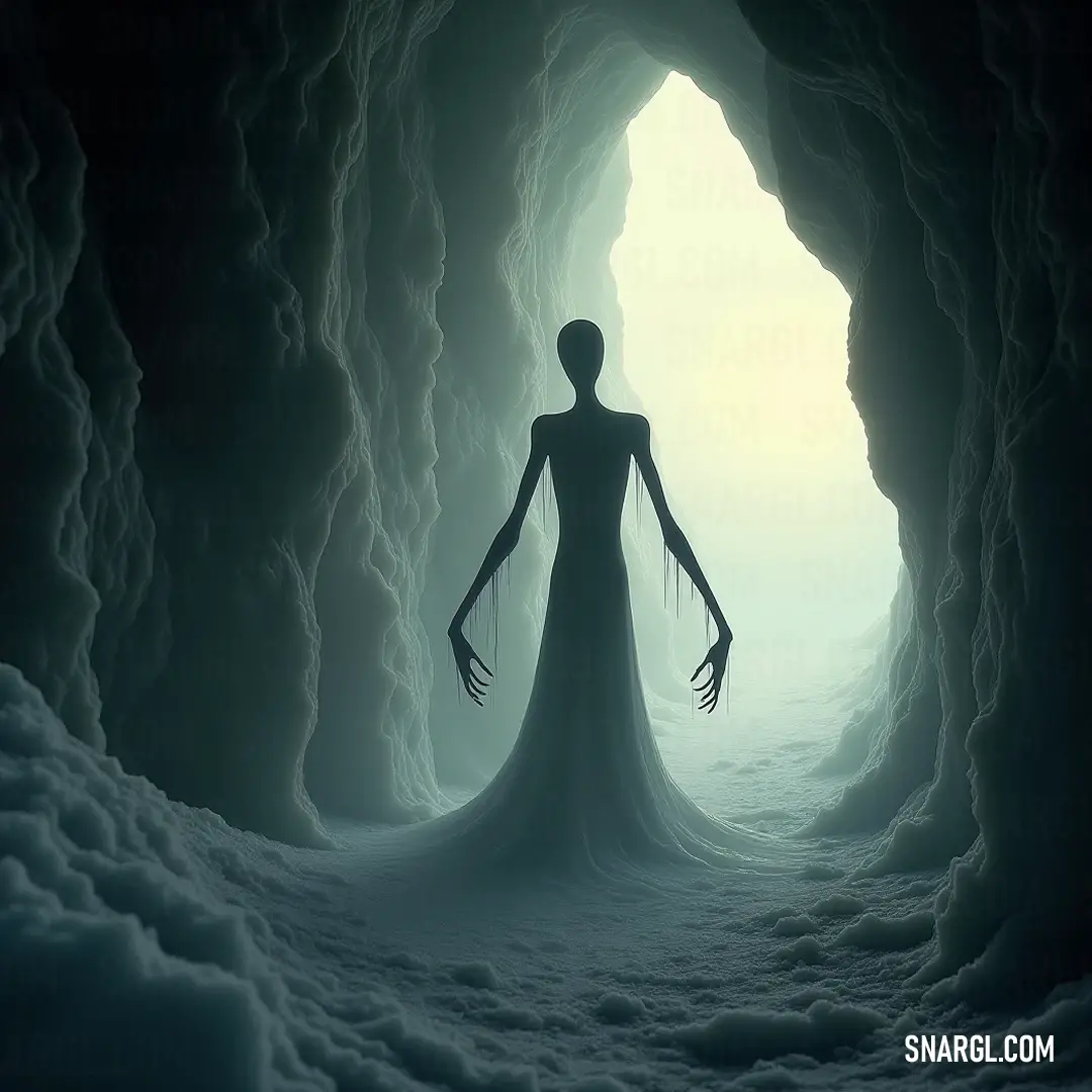The Wandering Shadow, draped in a flowing garment, stands in a cave with arms raised, merging human elegance with the enchantment of the natural world. In a cavernous embrace, The Wandering Shadow extends her arms skyward, clad in a flowing dress, surrounded by the cave's coolness. The setting amplifies her ethereal grace and mystique.