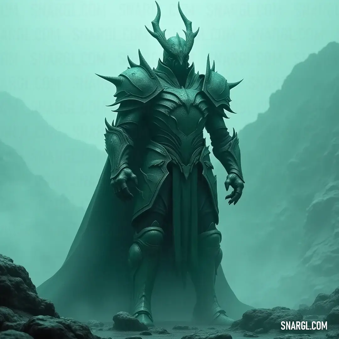 The Warden in a vibrant green suit stands boldly in an otherworldly rocky landscape, embodying the essence of a guardian with a giant horned head, blending strength and mystery in a captivating natural setting. A formidable Warden dressed in a striking green suit stands resolutely amidst a rugged terrain, where rocky outcrops rise against a dramatic sky, his giant horned head commanding attention like a mythical guardian of the wilderness.