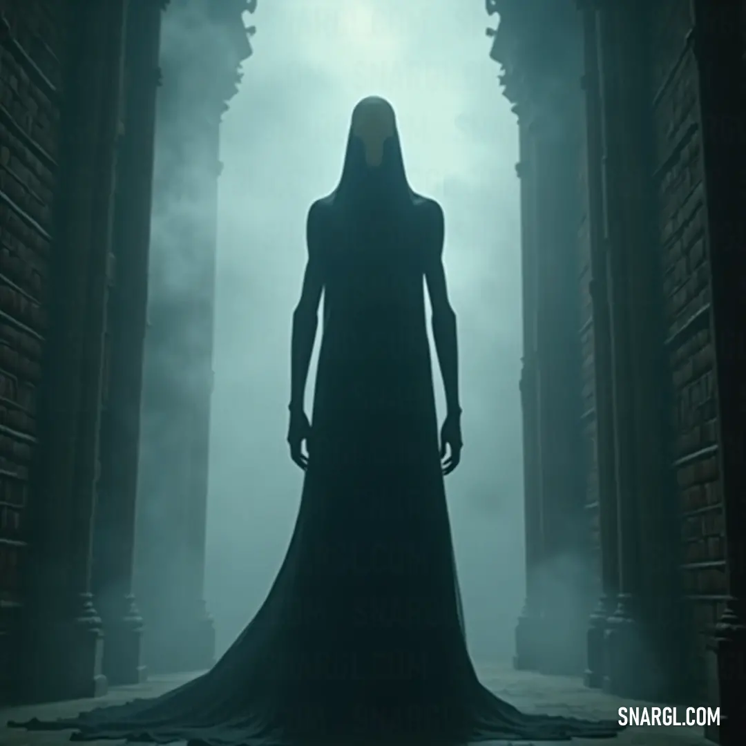In a shadowy chamber, The Watcher clad in black creates an enigmatic scene, surrounded by columns and mist, embodying the intrigue of forgotten tales. The Watcher, adorned in a long black dress, stands eerily in a dimly-lit room, columns flanking her, where a thick fog engulfs the space, inviting questions of her purpose.