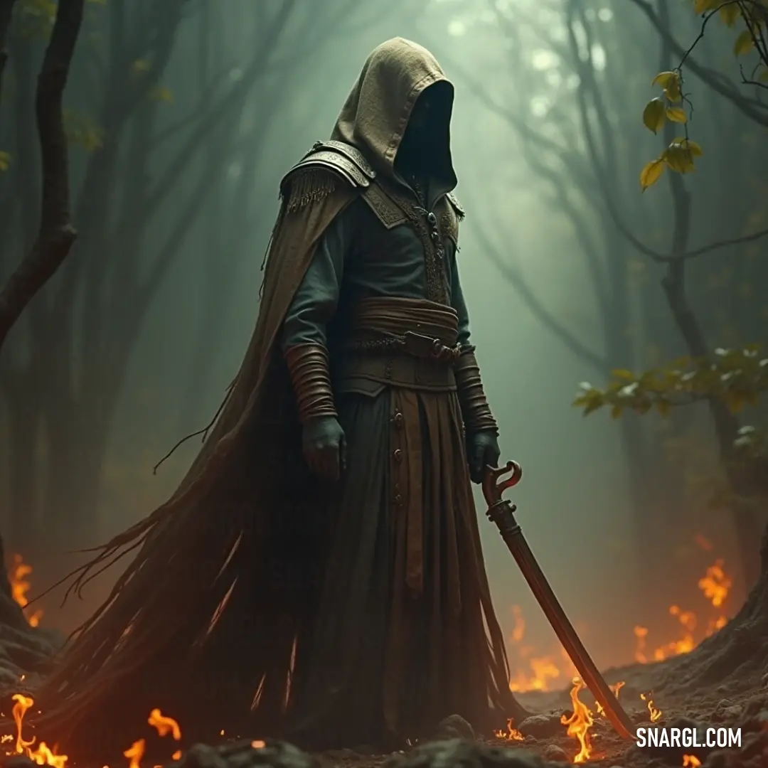 A sorrowful figure, The Weeping Ghost Mother, stands in the woods, clutching a sword. Her form is bathed in eerie flames, a tragic protector in the midst of the darkness. The Weeping Ghost Mother, draped in a hooded cloak, stands holding a sword amidst a forest backdrop. Flames flicker behind her, her ghostly form a sorrowful embodiment of both protection and despair.