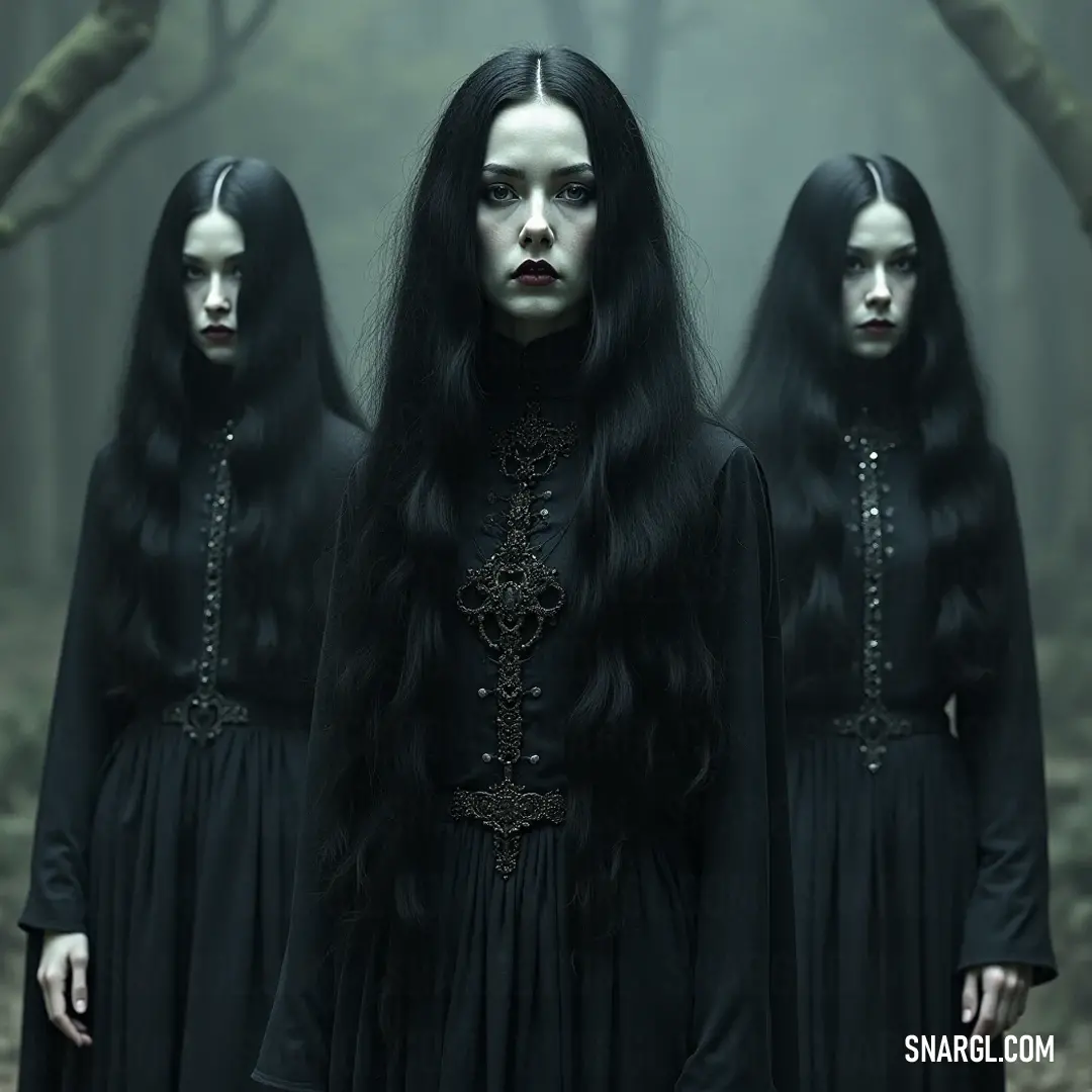 Three Mesmerizing Women in Black Dresses in a Forest Three enchanting women clad in flowing black dresses stand united in a sun-dappled forest, their presence replete with mystery as the trees whisper secrets from the past around them.