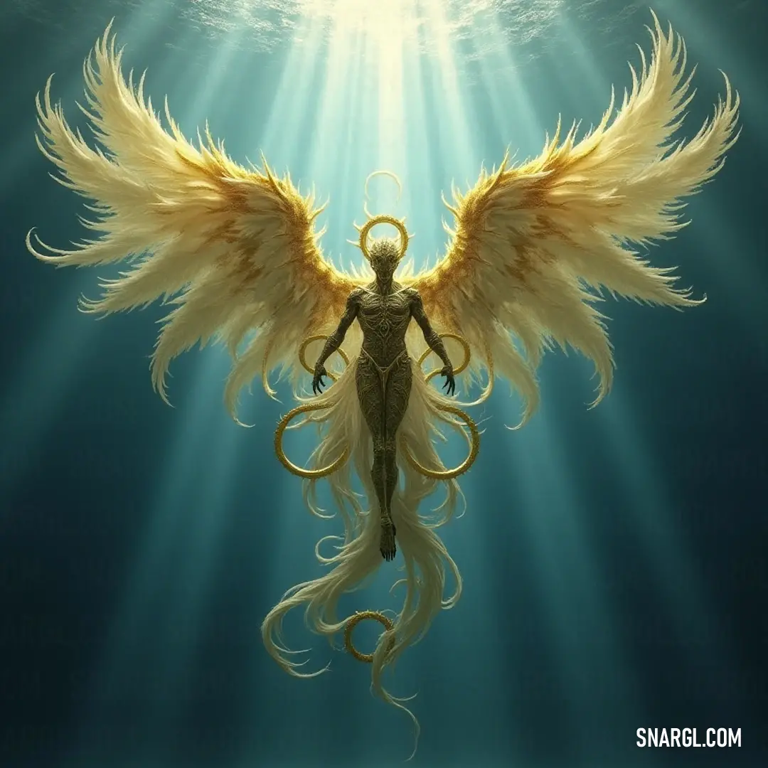 An ethereal representation of the Wheels of Harmony, showcasing her angelic wings as she floats gracefully, illuminated by a gentle halo. A serene painting captures the ethereal Wheels of Harmony, adorned with magnificent wings, softly floating amidst the clouds, a radiant halo casting a divine glow around her.