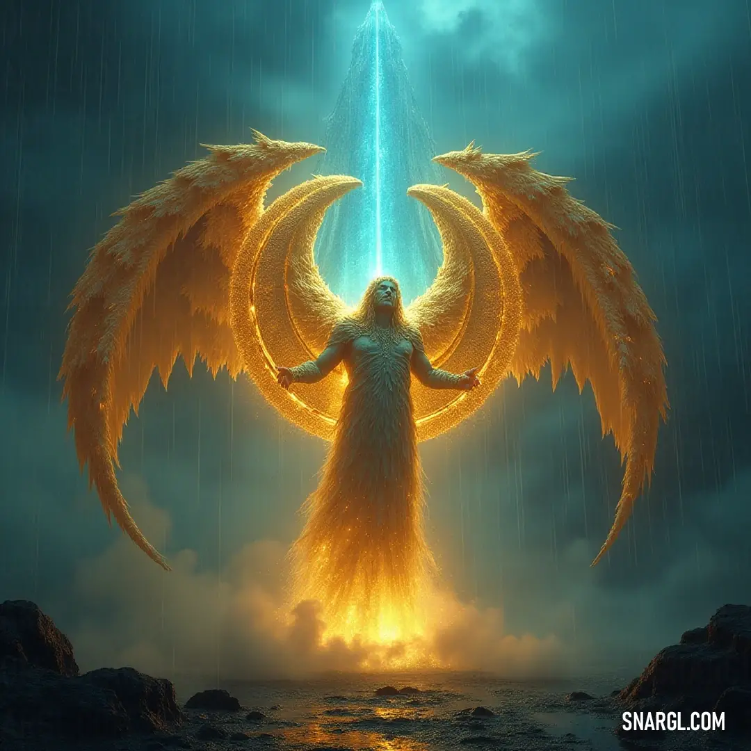 The Wheels of Wisdom stands resiliently in the rain, her majestic wings unfurled and a sword held firmly in her hand, embodying strength and perseverance amidst the elements.