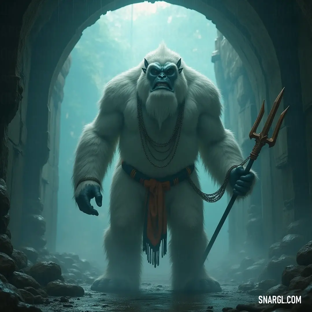 The imposing figure of The White Demon, brandishing a sword and staff, stands in a shadowy tunnel, evoking a sense of mystique and ancient power. A majestic, furry creature known as The White Demon stands heroically in a dark tunnel. Clad with a sword in one hand and a staff in the other, its powerful presence is accentuated by a heavy chain draped around its neck, suggesting a story of battles fou