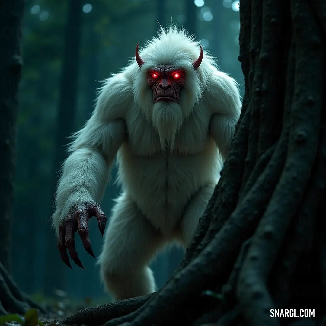 An enigmatic creature, known as The White Demon, stands amidst a vibrant forest, its piercing red eyes cutting through the greenery, exuding an aura of mystery and intrigue. In a mystical forest, a striking white creature known as The White Demon stands poised among the trees, its red eyes glowing intensely, surrounded by vibrant foliage that enhances its enigmatic presence.