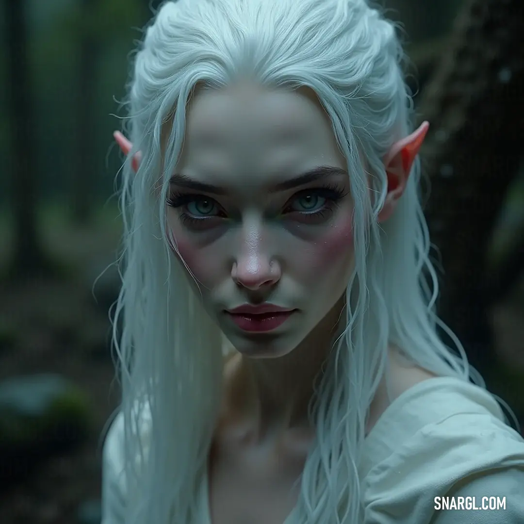 The White Witch Queen embodies power and grace as she poses among towering trees and rugged rocks, her enchanting presence commanding attention in the heart of the forest. The formidable White Witch Queen stands amidst the ancient woods, her striking white hair cascading down her shoulders, with piercing blue eyes that reflect the secrets of the forest around her.