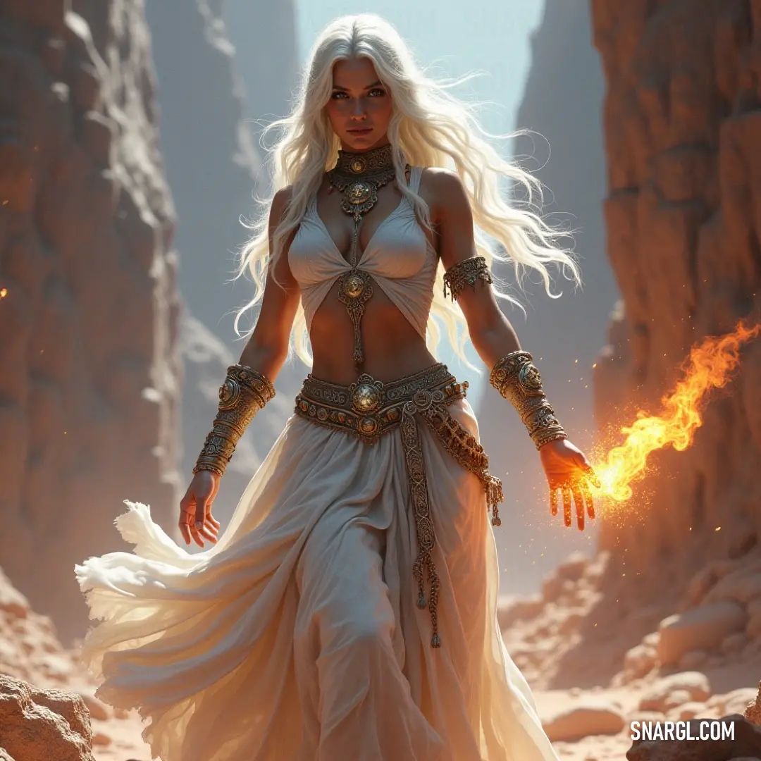 With fire dancing in her grasp, the White Witch Queen stands amid an arid desert, her white attire gleaming against the harsh earth, symbolizing resilience and an enchanting spirit in a barren landscape. In a desolate landscape, the White Witch Queen wields a flickering flame in her hand, her white dress contrasting beautifully with the arid desert backdrop, embodying a striking blend of elegance and strength.