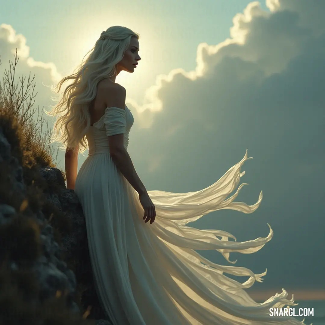 The White Witch Queen Jadis stands boldly on the edge of a rugged cliff, her long hair billowing in the wind as the ocean waves crash below, a silhouette of defiance against a stormy sky.