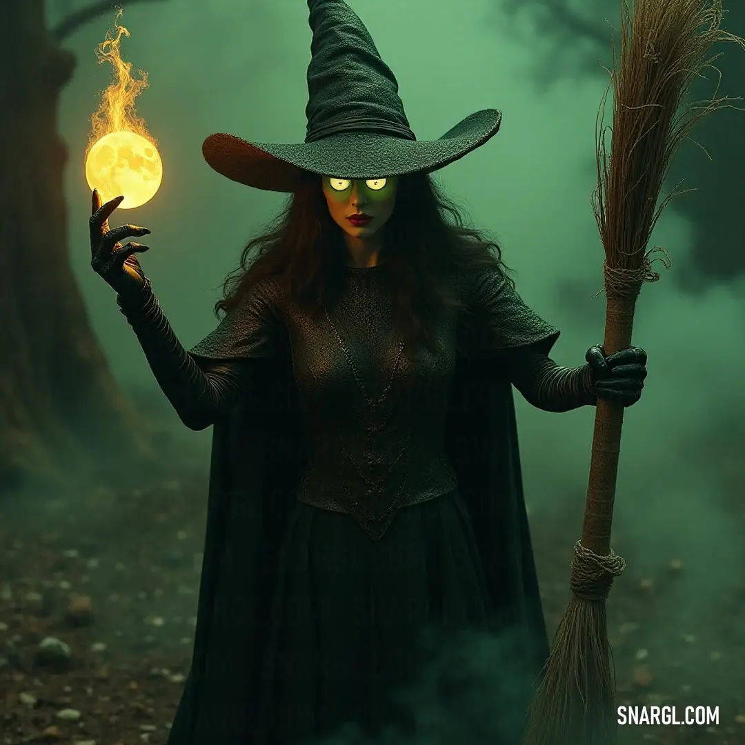 An enchanting witch brandishes a broom and emits a soft glow from a mystical orb, standing amidst the captivating fog of a dreamy forest realm, where magic lurks around every corner. In a mystical forest shrouded in fog, a powerful witch stands tall with a broom and glowing orb in hand, her attire blending seamlessly with the enchanting atmosphere of trees and mystery all around.