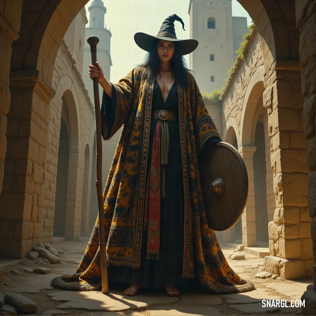 The Wicked Witch of the West, adorned in her iconic costume, stands in an ancient courtyard, gripping a sword and shield, surrounded by arches, ready to face any challenge ahead. A fierce warrior dressed as the Wicked Witch of the West stands in a majestic courtyard, with grand arches framing the scene. She holds a shield and sword, ready for battle, surrounded by towering stone walls and an aura of mystery.