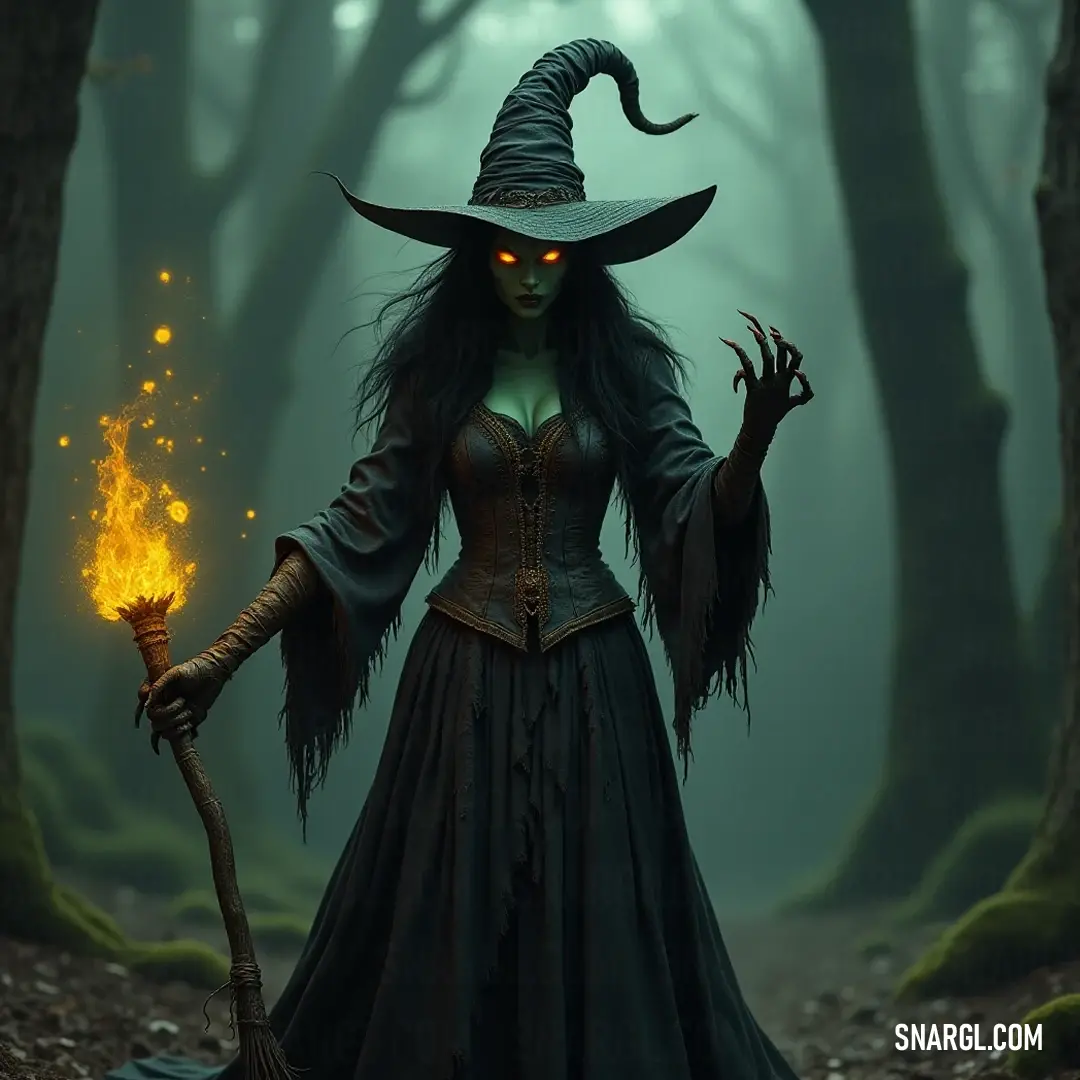 A mysterious witch dressed in dark attire clutches a fire stick, her presence igniting the foggy forest with intrigue and magic as she stands ready for whatever fate brings her way. In a fog-drenched forest, a mysterious witch expertly holds a fiery stick, her outfit blending with the ethereal surroundings, as enigmatic shadows play around her, hinting at secrets yet to unfold.