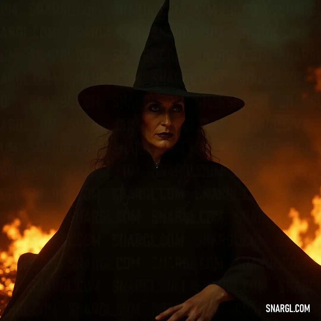 A formidable witch, adorned in a classic dark costume with a whimsical hat, confidently presents herself against a mystical backdrop, her presence echoing ancient tales of magic and power that enchant all who behold her.