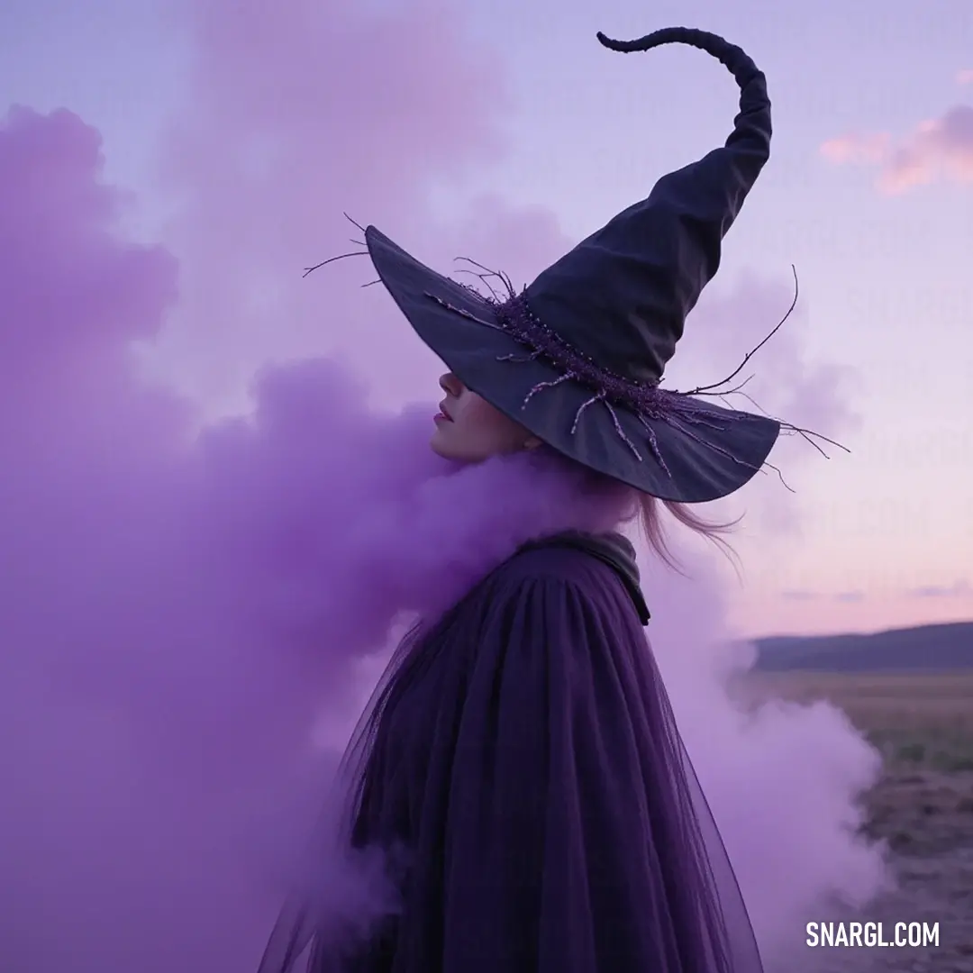 Amidst a swirling cloud of purple smoke, a captivating witch flaunts her hat and mysterious allure, conjuring captivating energies as she holds sway over the enchanted darkness. Enveloped in vibrant purple smoke, a striking witch in an elegant hat presents an alluring visual, her mystical aura commanding attention as she summons enchanting energies in the air surrounding her.