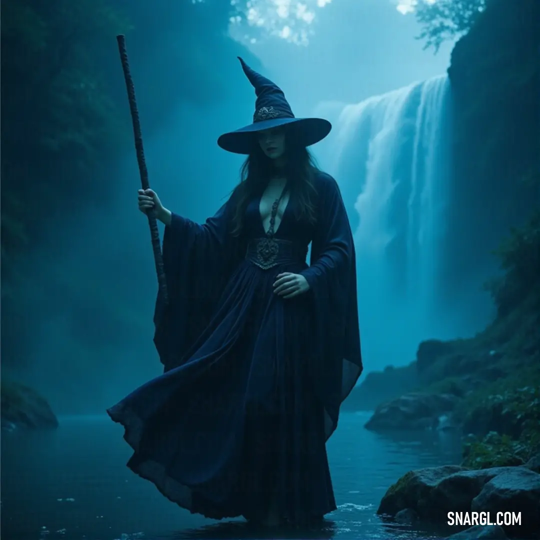 A powerful witch clad in a dark green robe, holding a magical wand, stands in front of a cascading waterfall, her silhouette commanding the scene as mist rises around her, enhancing the mystical atmosphere.