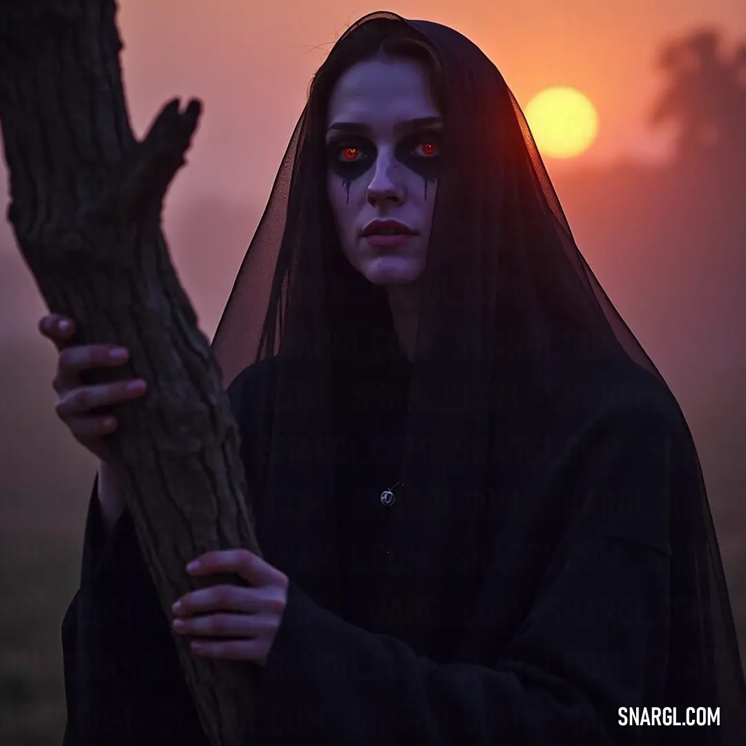 A powerful portrayal of a cloaked figure holding a branch as the sun sets, enveloping the scene in a warm and inviting glow. A visually striking representation of a figure cloaked in a dark robe, holding a slender tree branch with the sun setting in the background, casting golden rays that bring life to the serene surroundings.