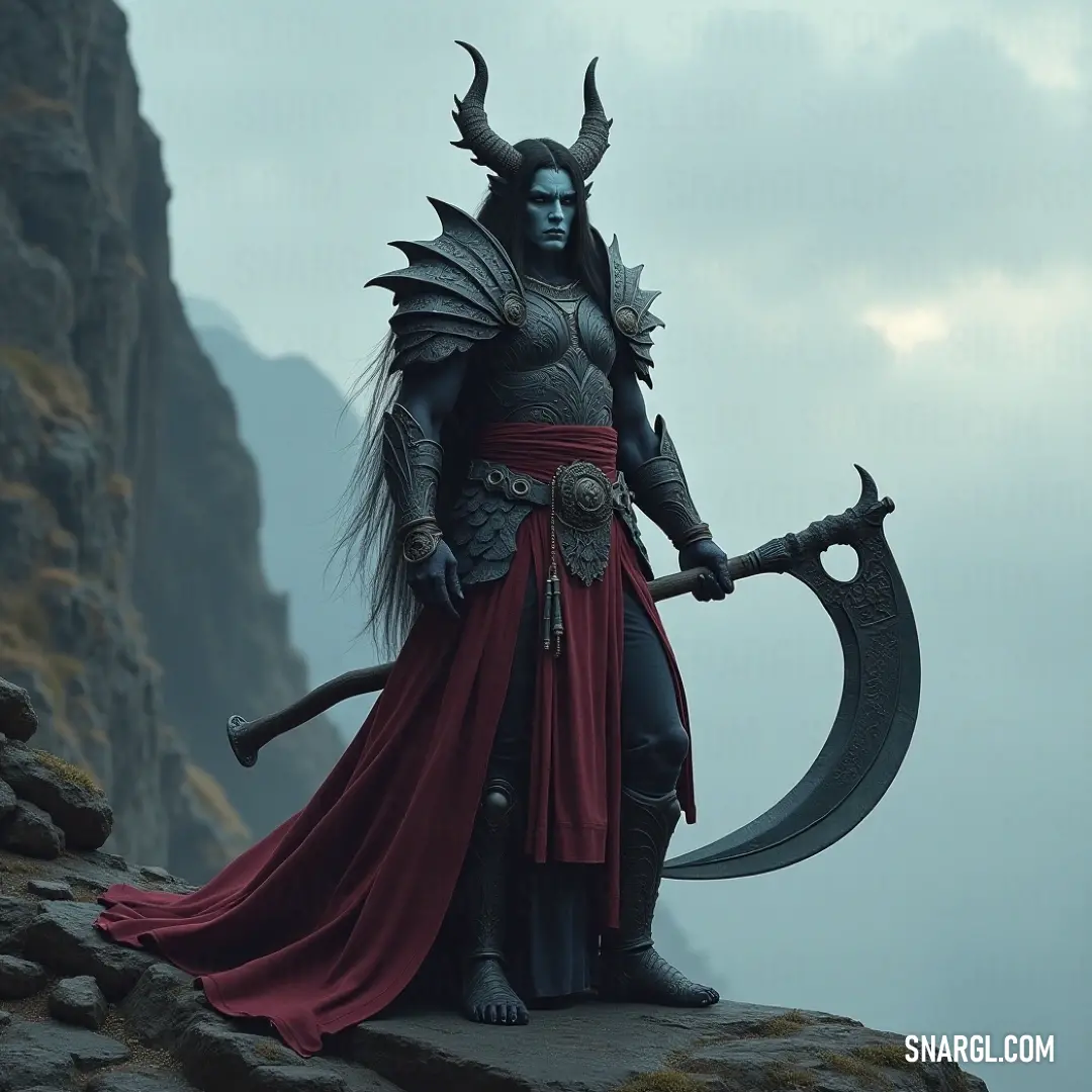 Valiant male Thera standing on a rock formation against a mountainous backdrop. A male Thera, garbed in elaborate horned attire, stands proudly atop a rocky formation with a majestic mountain vista behind him. His sword glints under the sunlight, symbolizing valor amidst nature's grandeur.