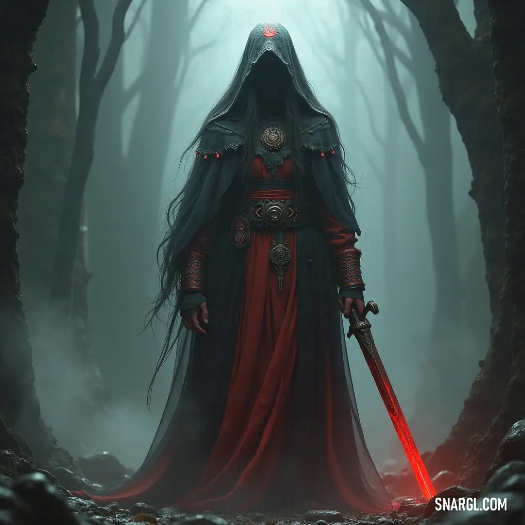 Therae, dressed in a hooded cloak, holds his sword firmly as he navigates a mysterious forest shrouded in fog, prepared for whatever danger lies ahead. Therae, a lone warrior, stands in a dense, fog-filled forest. Cloaked in a hooded costume and gripping a sword, his posture suggests a readiness for battle against unseen forces lurking in the misty woods.