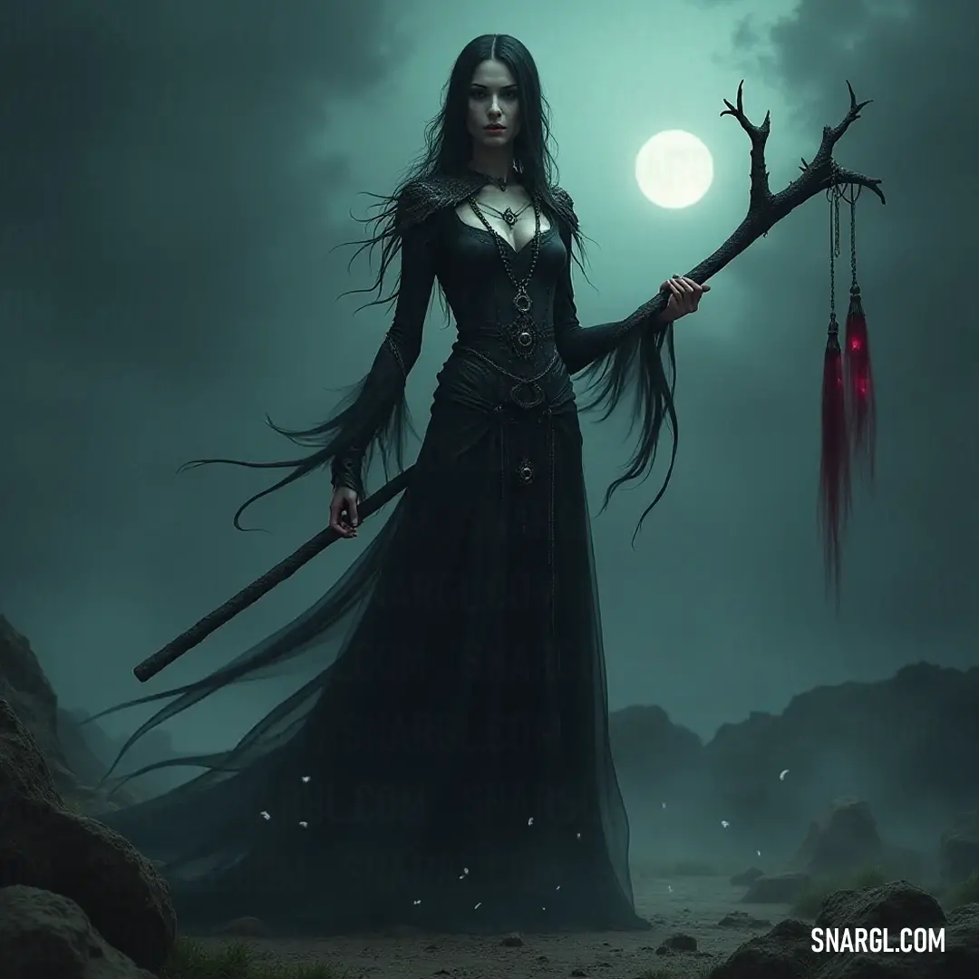 Elegance in darkness: a figure embracing shadows with grace. A woman in a flowing black dress holds a stick and a striking red umbrella, standing in a dimly lit space, her attire creating an intriguing contrast with the shadows, embodying both elegance and strength.