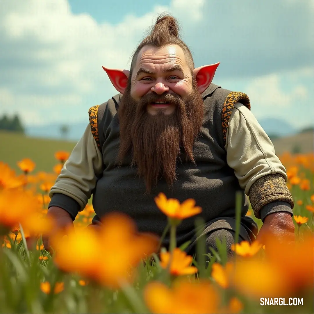 Thibbledorf Pwent, with his strong beard and costume, sits in a picturesque field of flowers, gazing peacefully at the sky above. Thibbledorf Pwent, his beard thick and proud, lounges in a field of colorful wildflowers. The sky above is a brilliant blue, with soft clouds drifting by, giving the scene a calm, almost magical quality.