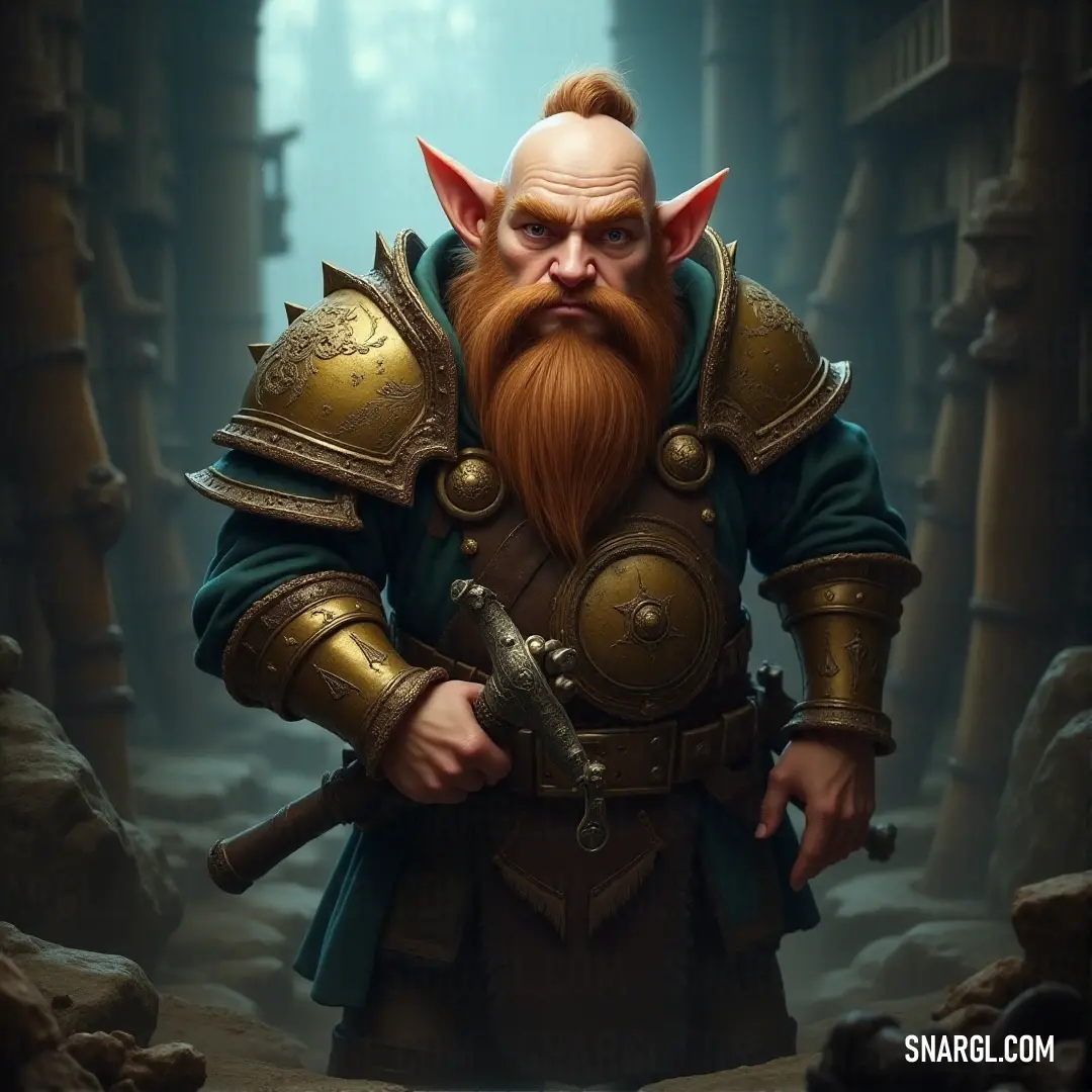 Thibbledorf Pwent, fully armored with a sword in hand and a helmet on his head, stands prepared for any battle that may come his way. Thibbledorf Pwent stands resolutely in his battle gear. His beard flows beneath his helmet, and a gleaming sword is tightly gripped in his hand, ready for the challenges ahead.