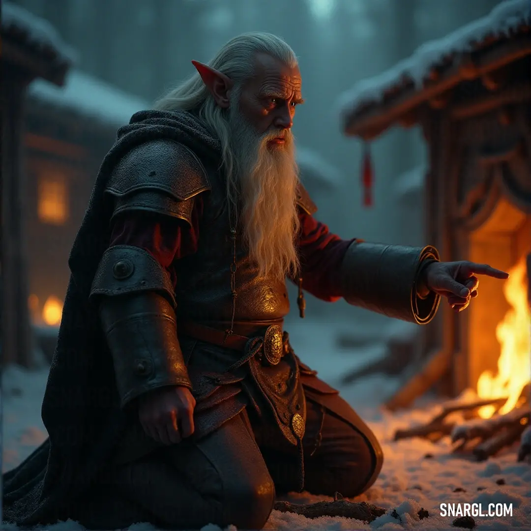 Thingol, with his flowing beard and majestic costume, stands before a fireplace, his presence commanding attention in the flickering light. Thingol, his long white beard flowing, stands before a roaring fireplace, dressed in an intricate costume. The warmth of the fire contrasts with the majesty of his timeless appearance.
