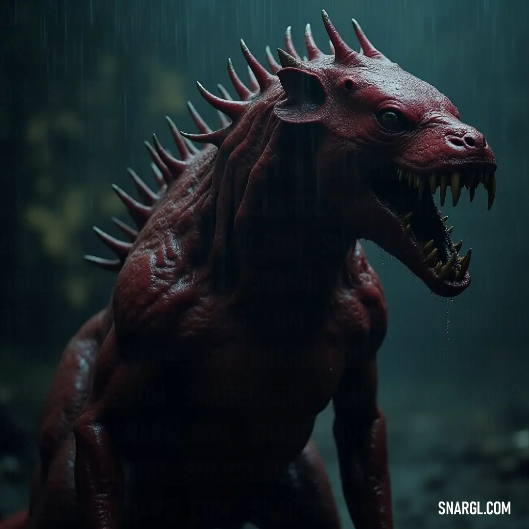 A vibrant Toy Thirstclaw, with its mouth agape and teeth on display, catches the rain in its fierce embrace, set against a dark backdrop that amplifies its playful menace. A playful Toy Thirstclaw baring its sharp teeth in the rain, with water droplets cascading down against a shadowy backdrop, creating a whimsical yet eerie vibe that captivates the viewer's imagination.