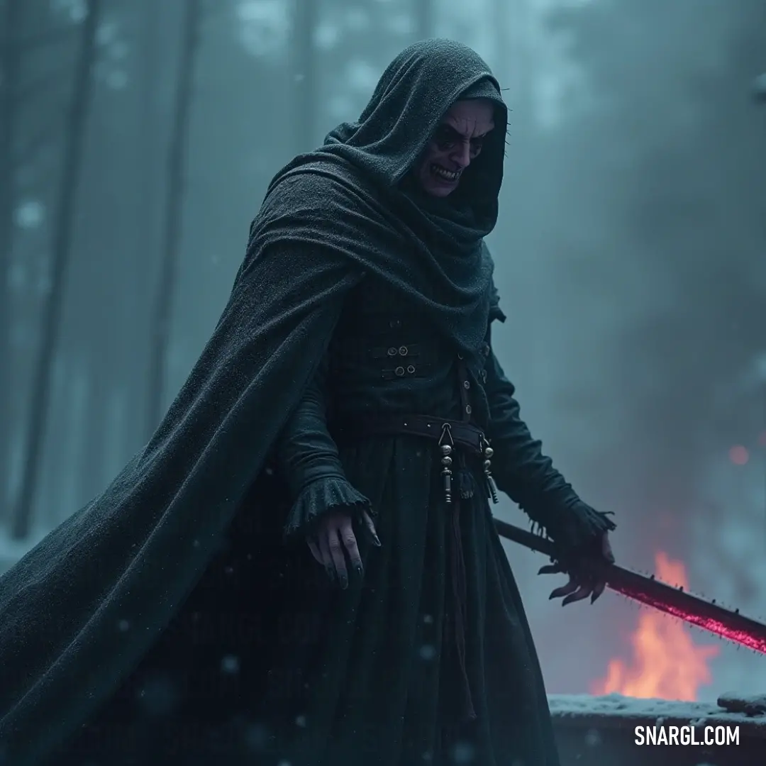 A hooded figure with a sword in a snow-covered forest, with firelight flickering in the background, creating an atmosphere of mystery and tension. A mysterious figure cloaked in a hooded robe, gripping a sword as he stands amidst a snow-covered forest, with glowing embers from a distant fire casting a warm light through the icy branches.