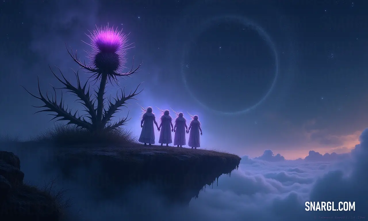 Group of people standing on top of a cliff under a purple sky with a sun in the background