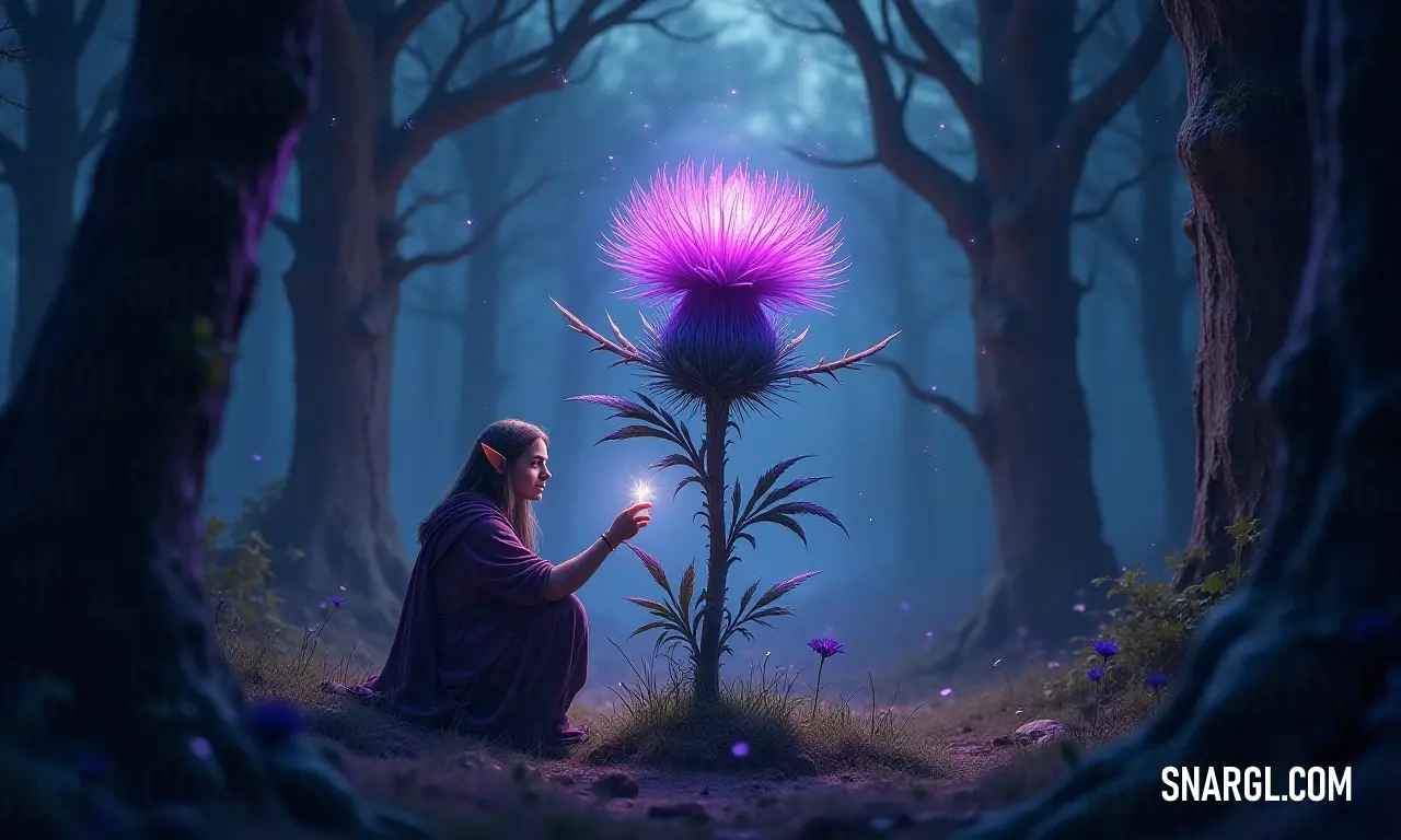 Woman in a forest with a purple flower in her hand