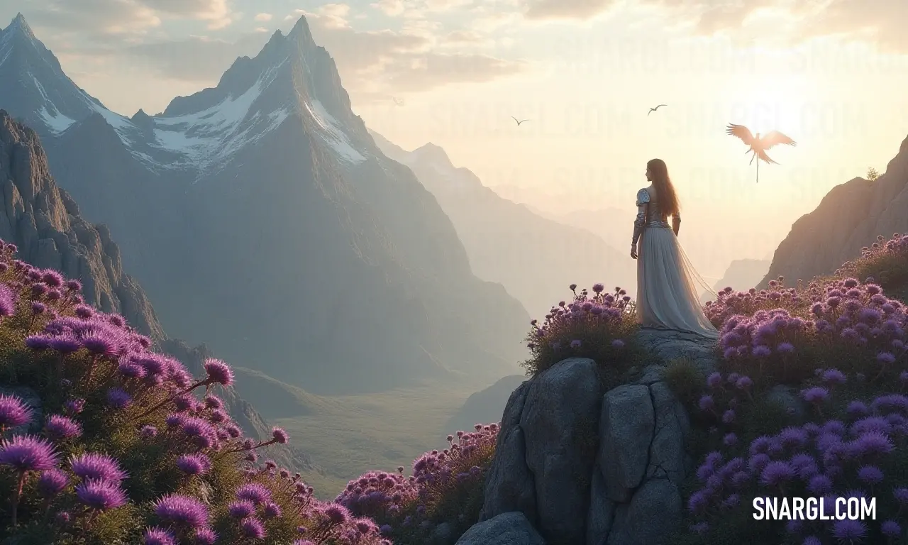 Woman in a white dress standing on a mountain top with a bird flying over her shoulder