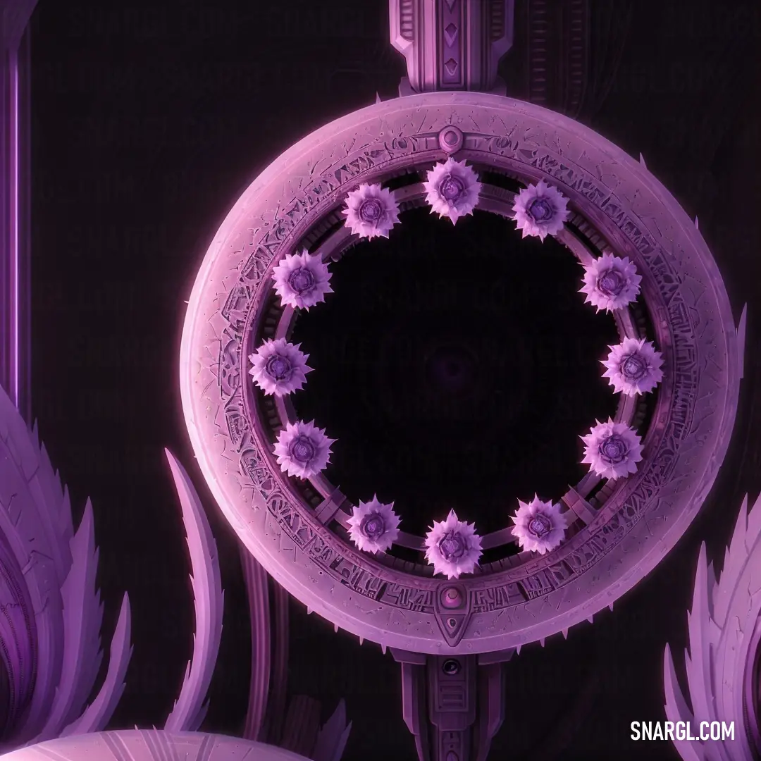 Circular picture of flowers in a purple light with a black background