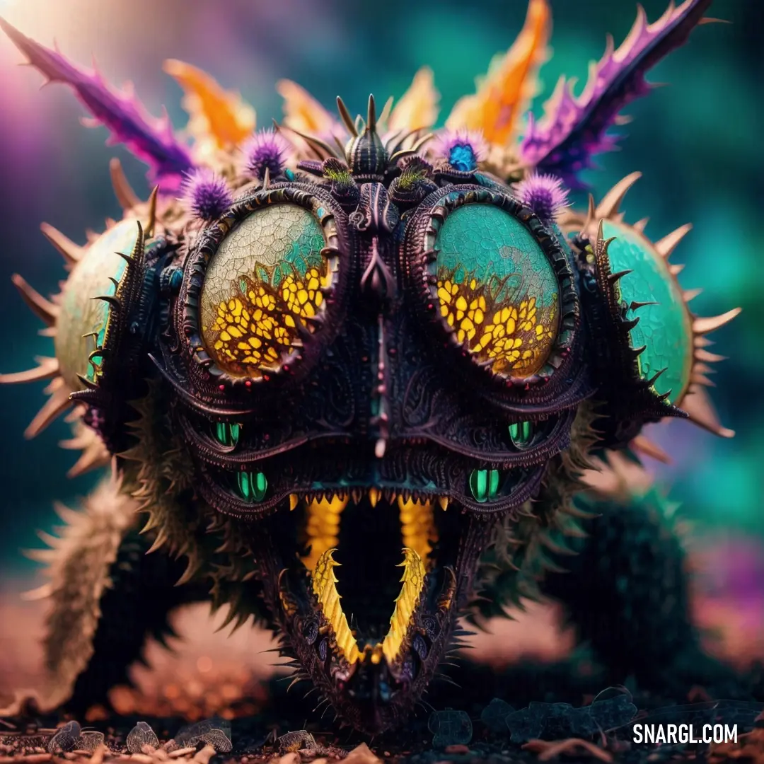 Close up of a strange looking insect with large eyes and colorful feathers on its head and body