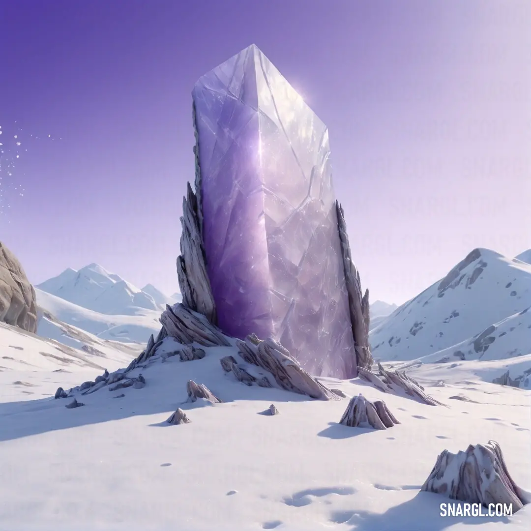 Large crystal tower in the middle of a snowy mountain range with a purple sky above it. Color CMYK 0,12,0,15.