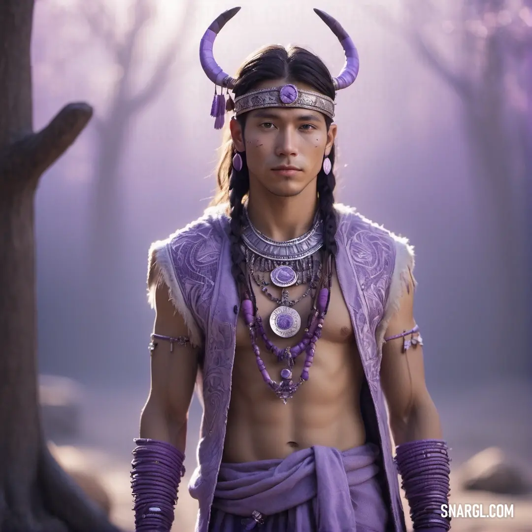 Man dressed in a costume with horns and a necklace on his head and a purple outfit. Color #D8BFD8.