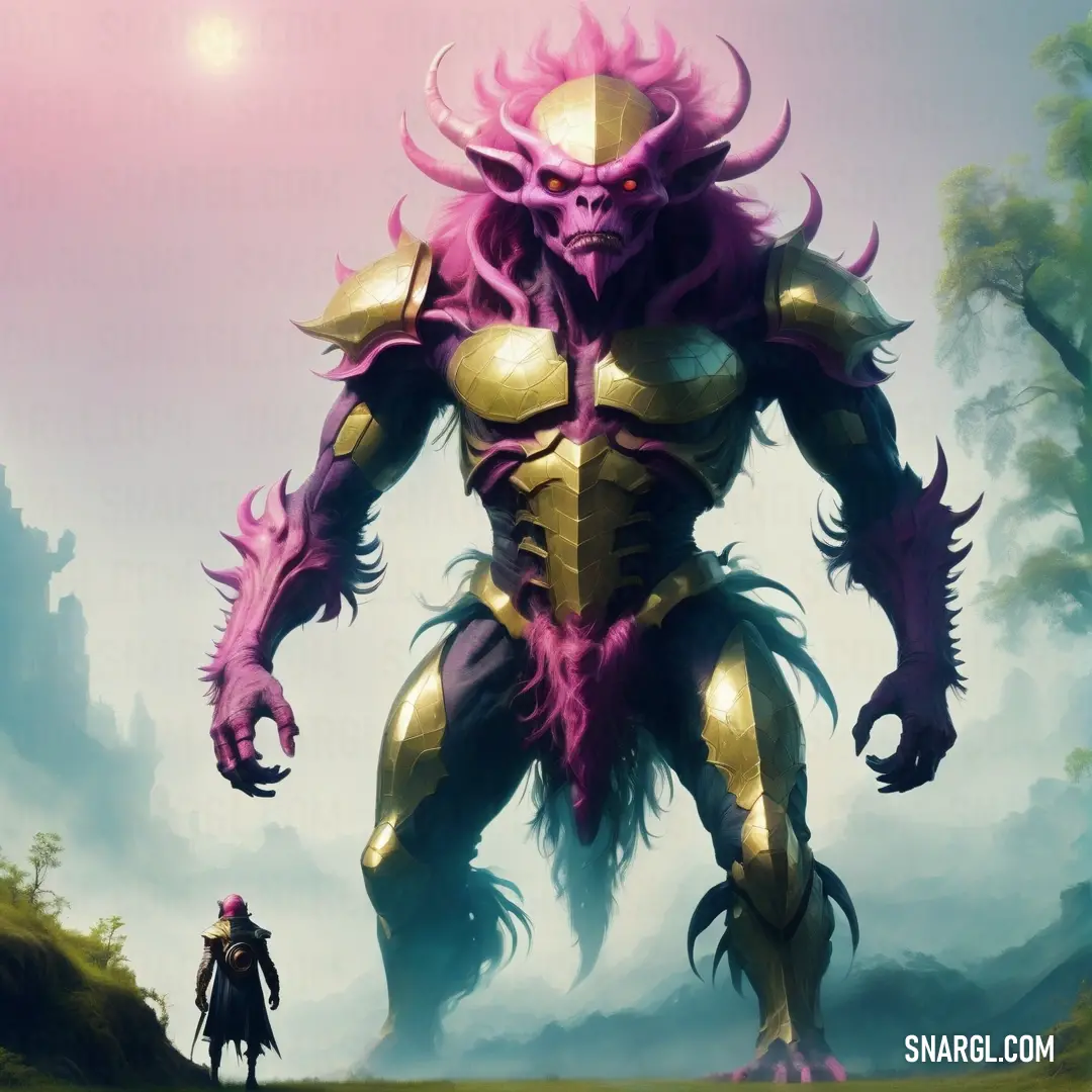 Man standing next to a giant monster in a field of grass with a pinkish face on it