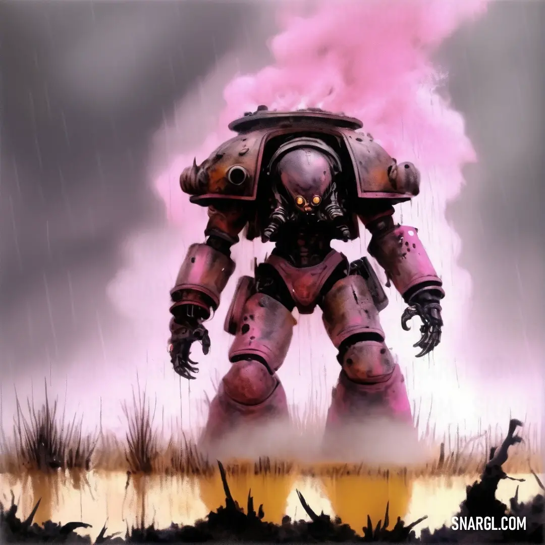 Thistle color. Painting of a robot with a pink smoke cloud in the background