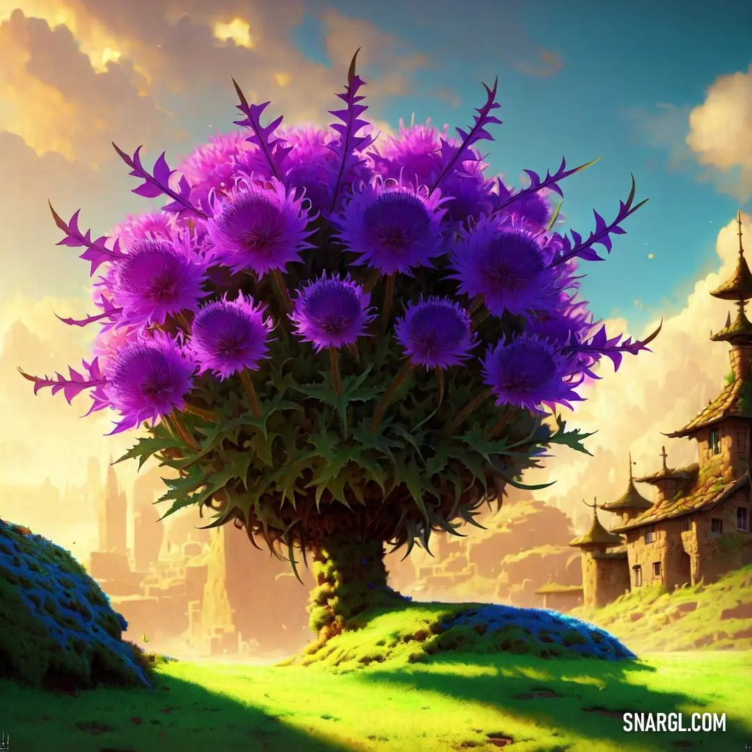 Painting of a tree with purple flowers in it and a castle in the background