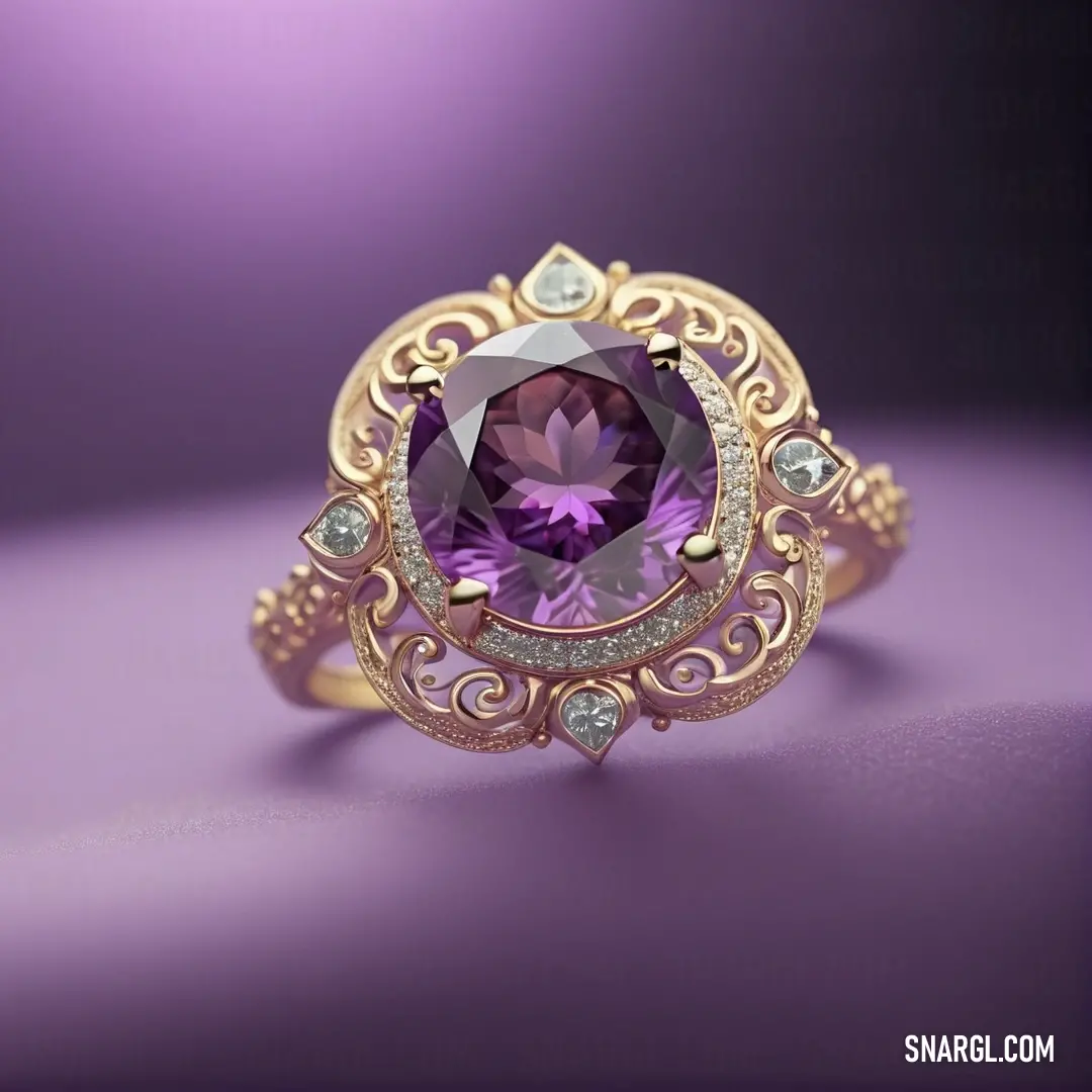 Ring with a purple stone surrounded by diamonds on a purple background. Example of Thistle color.