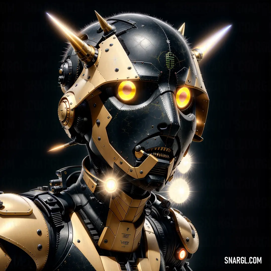 Robot with yellow eyes and a black helmet with horns and spikes on it's head