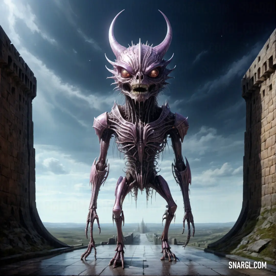 Demonic looking creature standing in front of a castle wall with a sky background. Example of CMYK 0,12,0,15 color.