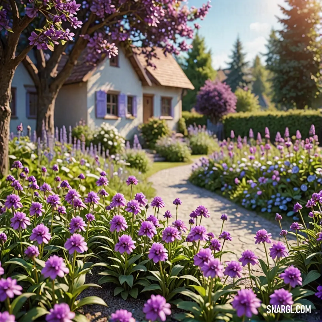 Thistle color example: Garden with purple flowers and a house in the background