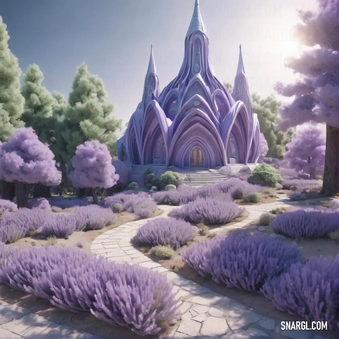 Painting of a purple cathedral surrounded by trees and bushes in a park area with a stone path leading to it. Example of #D8BFD8 color.