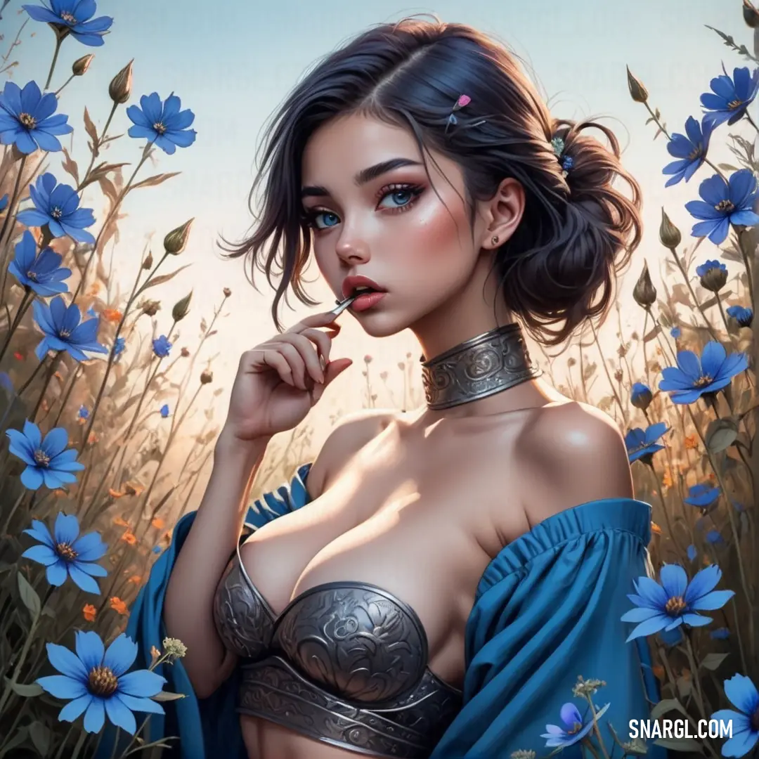 Painting of a woman in a blue dress in a field of flowers with a choker on her neck. Color #D8BFD8.