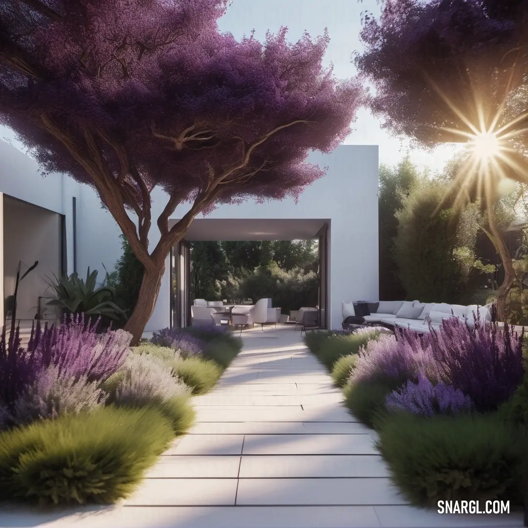 Walkway with purple flowers and trees in the background. Example of #D8BFD8 color.