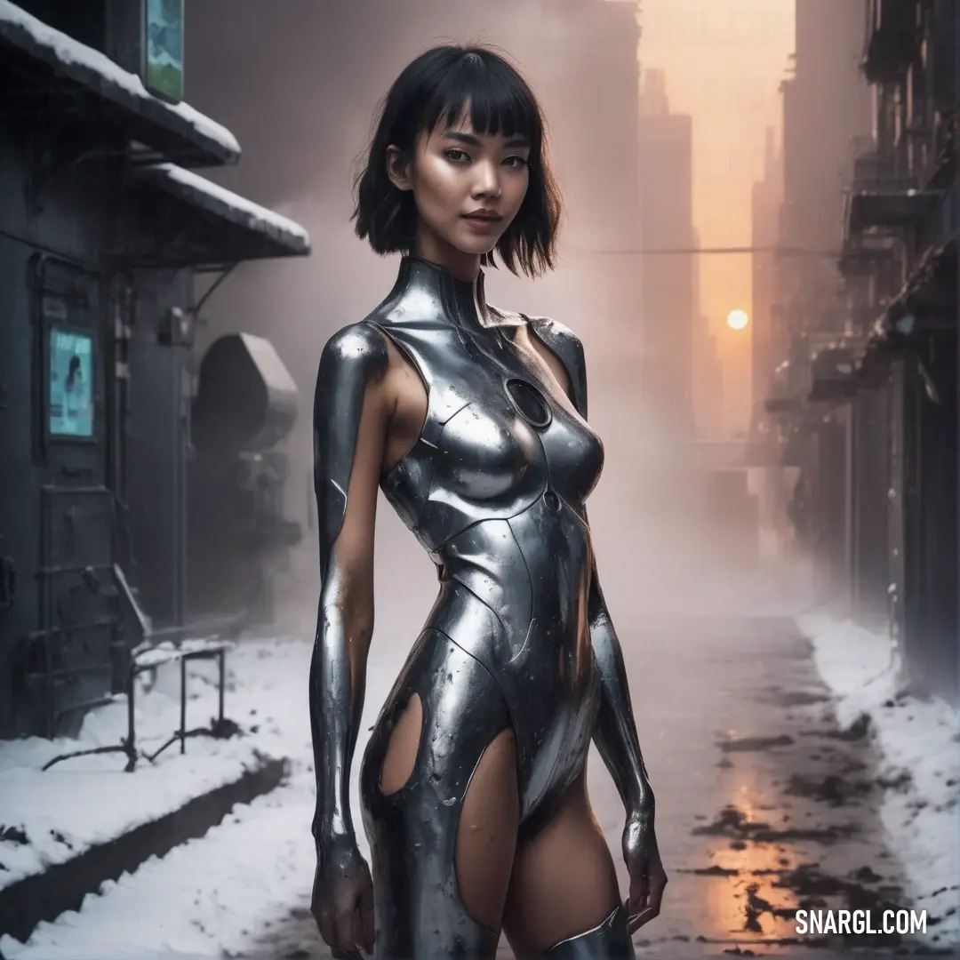 Woman in a silver bodysuit standing in the snow in a city street at night. Example of Thistle color.