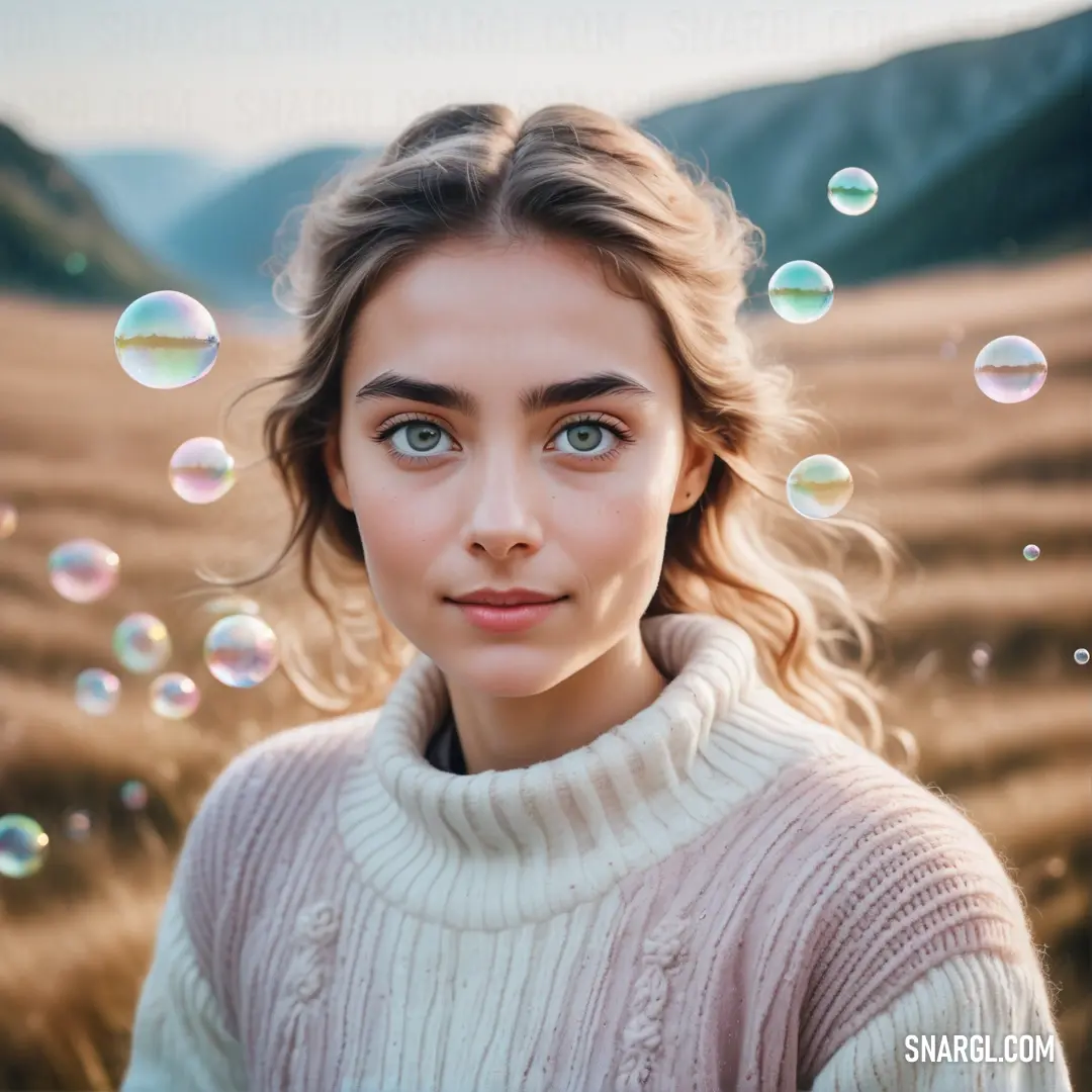Woman with blue eyes and a sweater on is blowing bubbles in the air over a field of grass