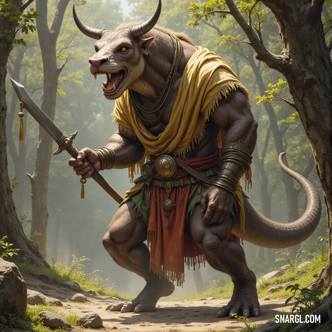 A mythical figure, Thog, is depicted with a horned headdress and a muscular body, holding a sword. His fierce presence radiates strength, power, and an ancient connection to the primal forces of nature.
